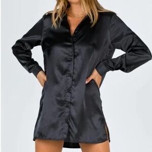Princess Polly 90210 Black Satin Button Front Oversized Mini Shirt Dress